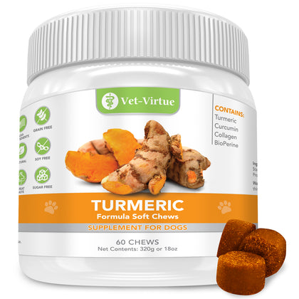 Organic Turmeric Soft Chew for Dogs with Curcumin. Joint Supplement with Collagen and Bioprene. High Absorption Eliminates Joint Pain and Inflammation